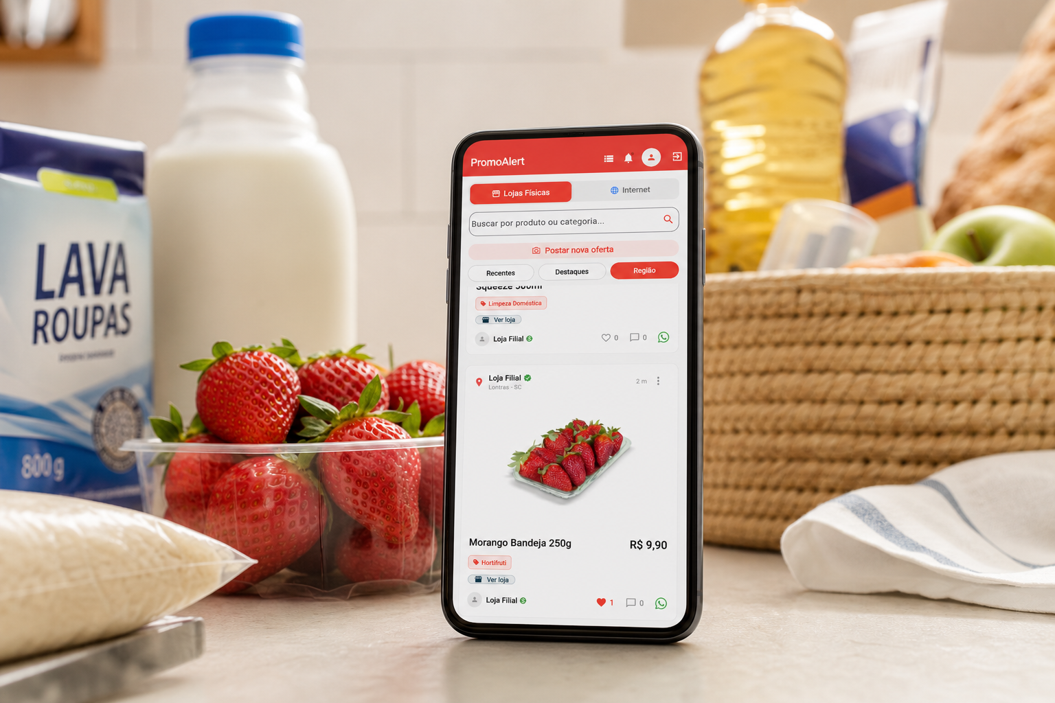 Celular com o app PromoAlert próximo de produtos de compra do dia a dia